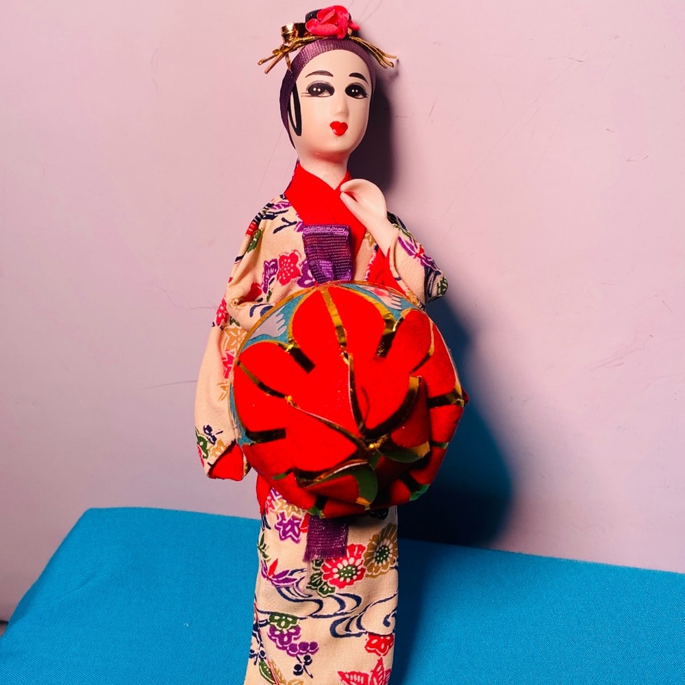 Traditional Japanese Doll with Red and Cream Kimono